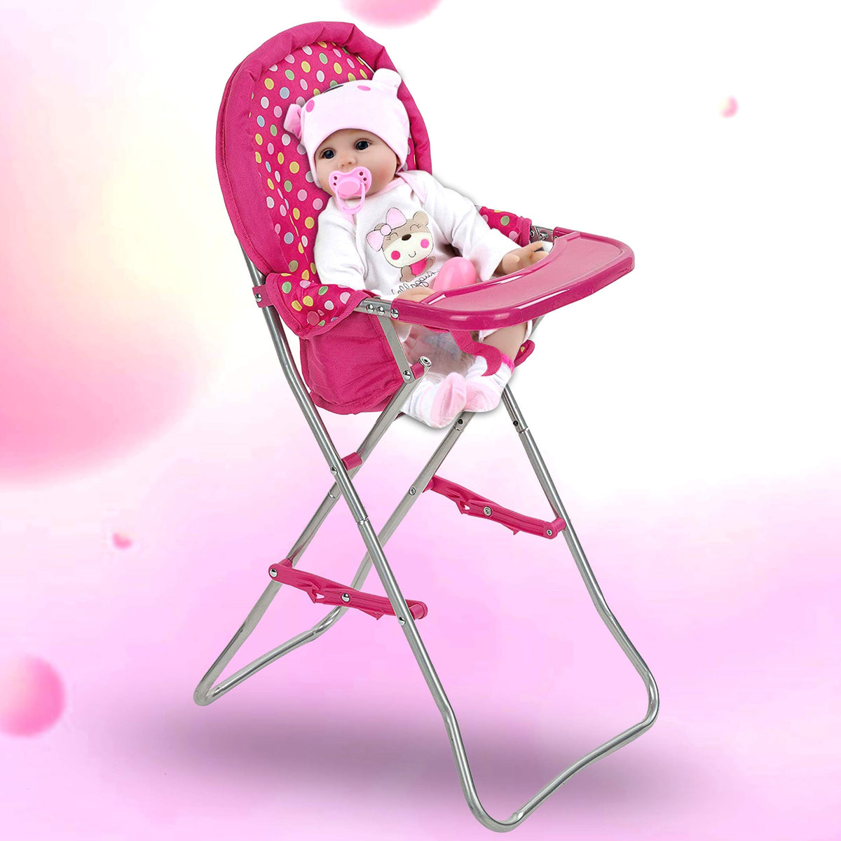 Fash N Kolor pink high chair folds flat for easy storage between play sessions
