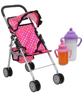 Fash n Kolor pink polka dot doll stroller with hood and basket for tidy playtime