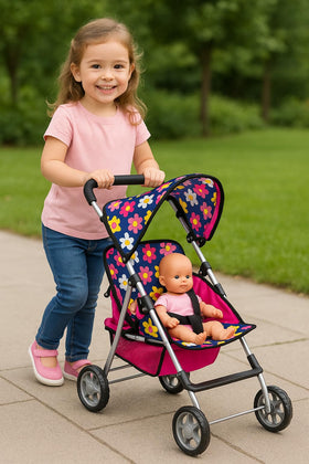 Fash n Kolor Twin Baby Doll Stroller folded compact for easy storage.