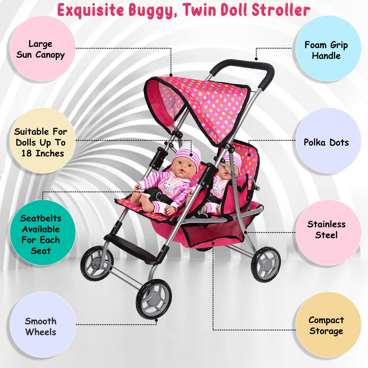 Fash N Kolor Twin Doll Stroller with storage basket for accessories.