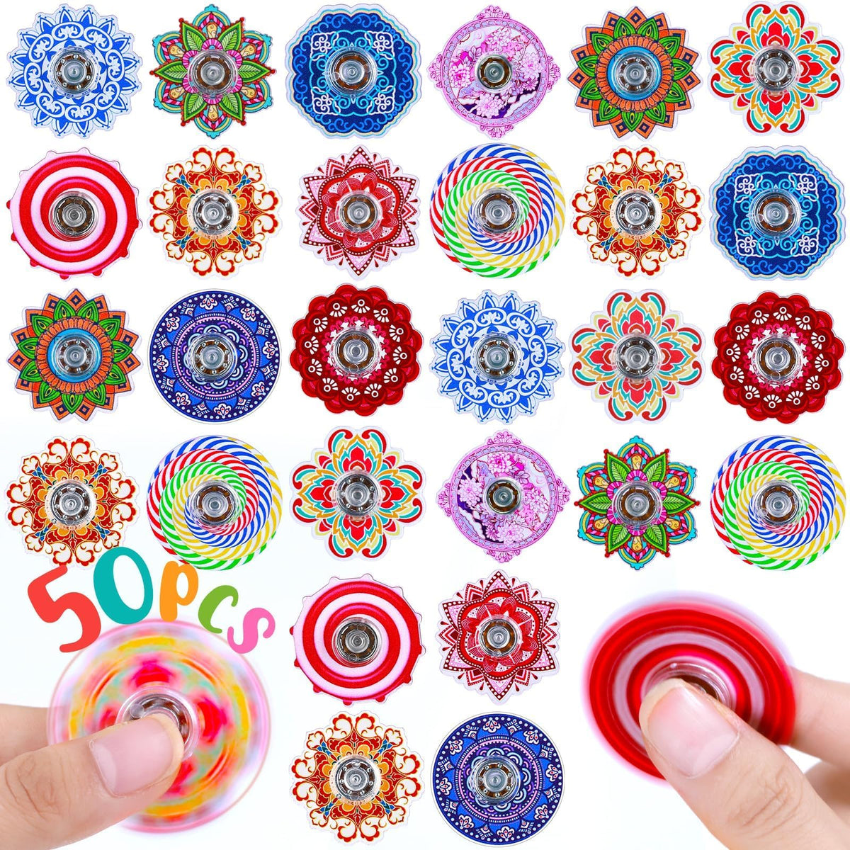 Fasray 50-pack mini fidget spinners show colorful pattern designs for portable focus.
