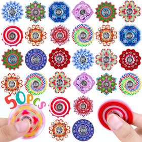 Fasray 50-pack mini fidget spinners show colorful pattern designs for portable focus.