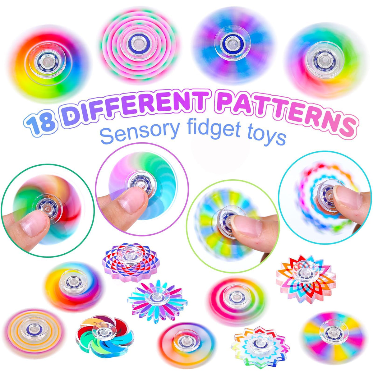 Close-up of Fasray spinners showing vibrant patterns and smooth rotation.
