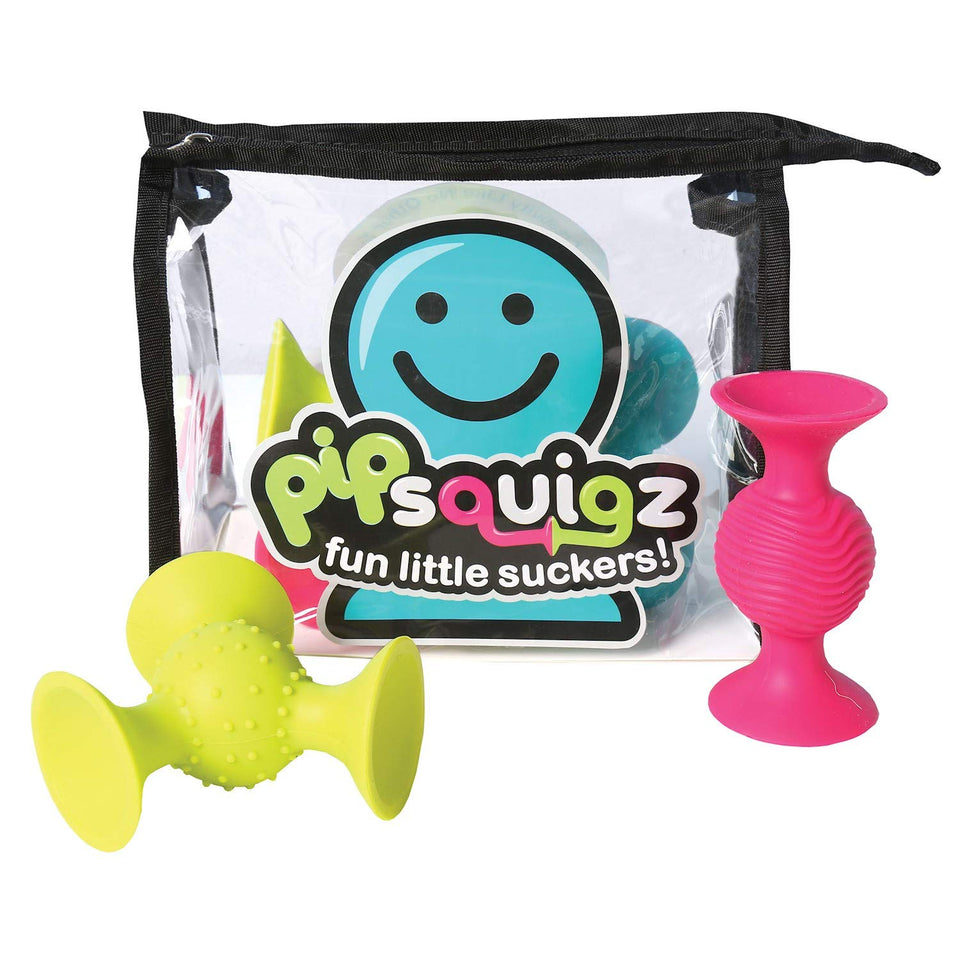 Fat Brain PipSquigz bundle 6-piece baby rattle with suction cups for interactive play.