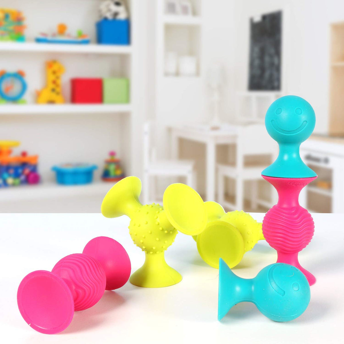 Fat Brain PipSquigz teether-friendly design for little hands.