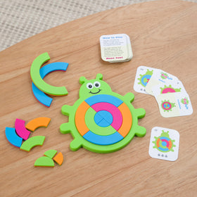 Fat Brain Toys Bugzzle tray and challenge cards improving spatial awareness during hands-on play