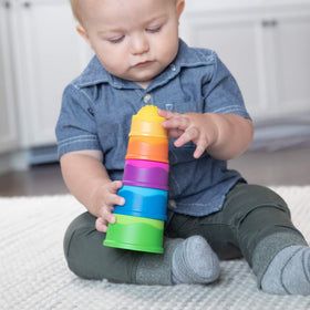 Fat Brain Toys Dimpl Stack nesting cups showing versatile nesting and discovery.