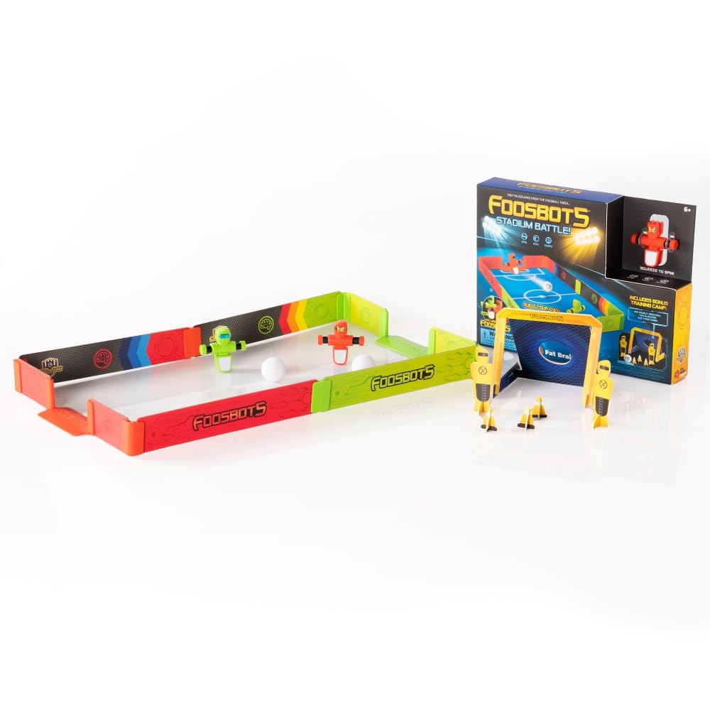 Fat Brain Toys Foosbots stadium assembly for easy indoor setup.