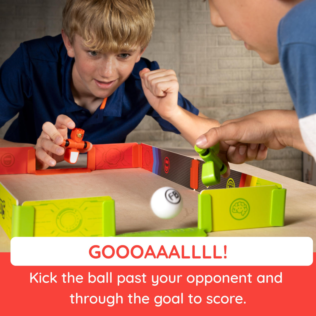 Fat Brain Toys Foosbots two players in action during a friendly battle.
