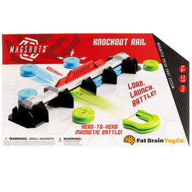 Fat Brain Toys Magshuto Knockout Rail front view with magnets ready for fast trick shots