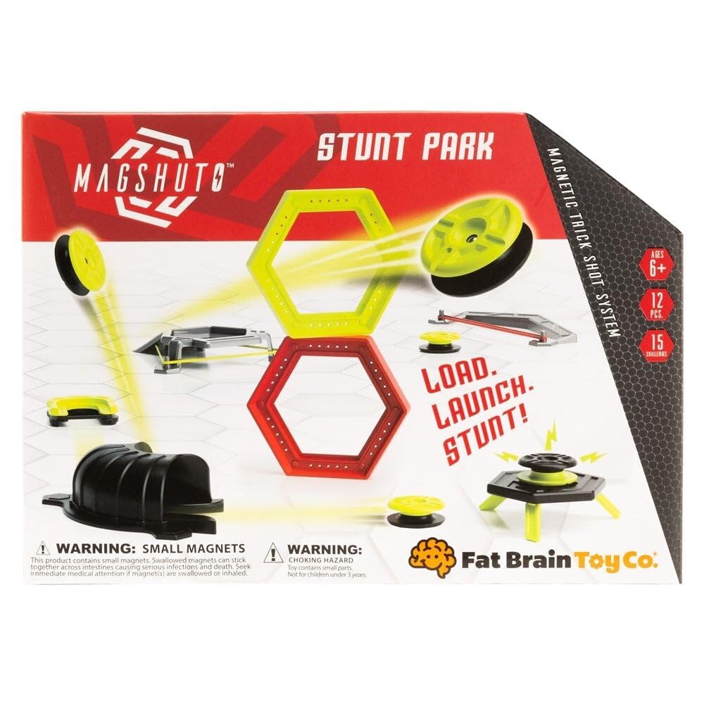 Fat Brain Toys Magshuto Stunt Park in action demonstrating magnetic stunt play