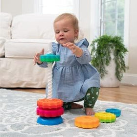 Fat Brain Toys SpinAgain pole and base showing cause-and-effect play.