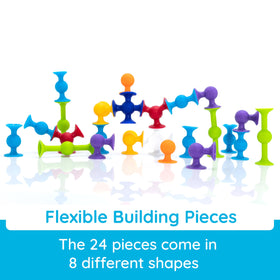 Fat Brain Toys Squigz pieces demonstrate easy connect-and-pull for hands-on exploration