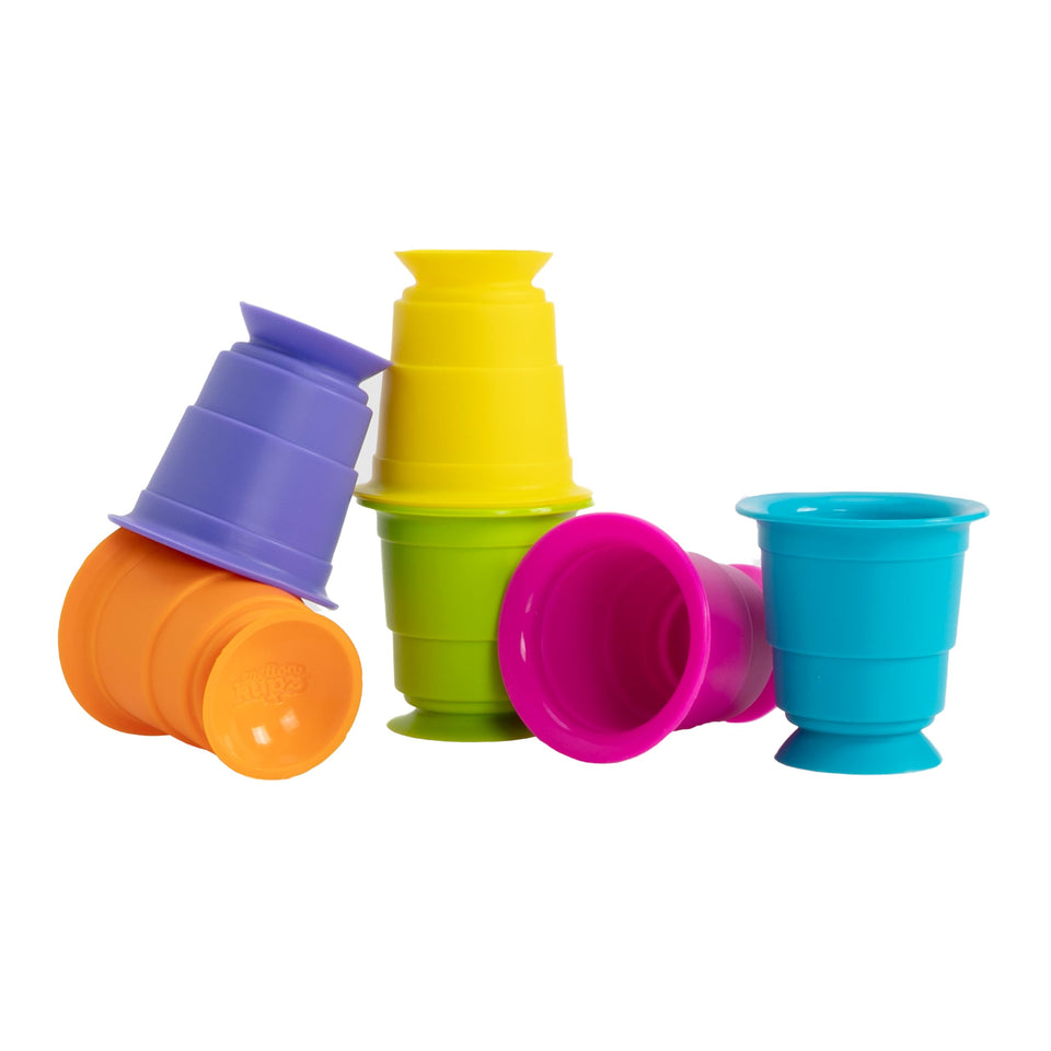 Fat Brain Toys Suction Kupz colorful cups for safe bath-time exploration and stacking.