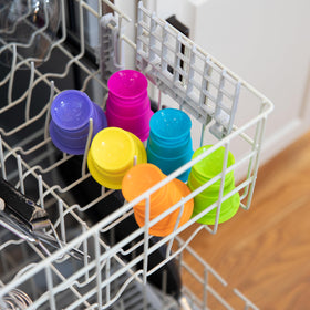Fat Brain Toys Suction Kupz are dishwasher-safe for quick cleanup after messy play.