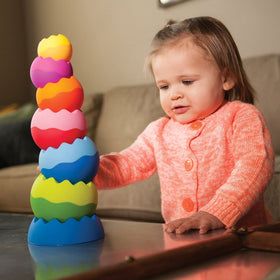 Fat Brain Toys Tobbles colorful-tower showcases bright colors to spark imaginative play.