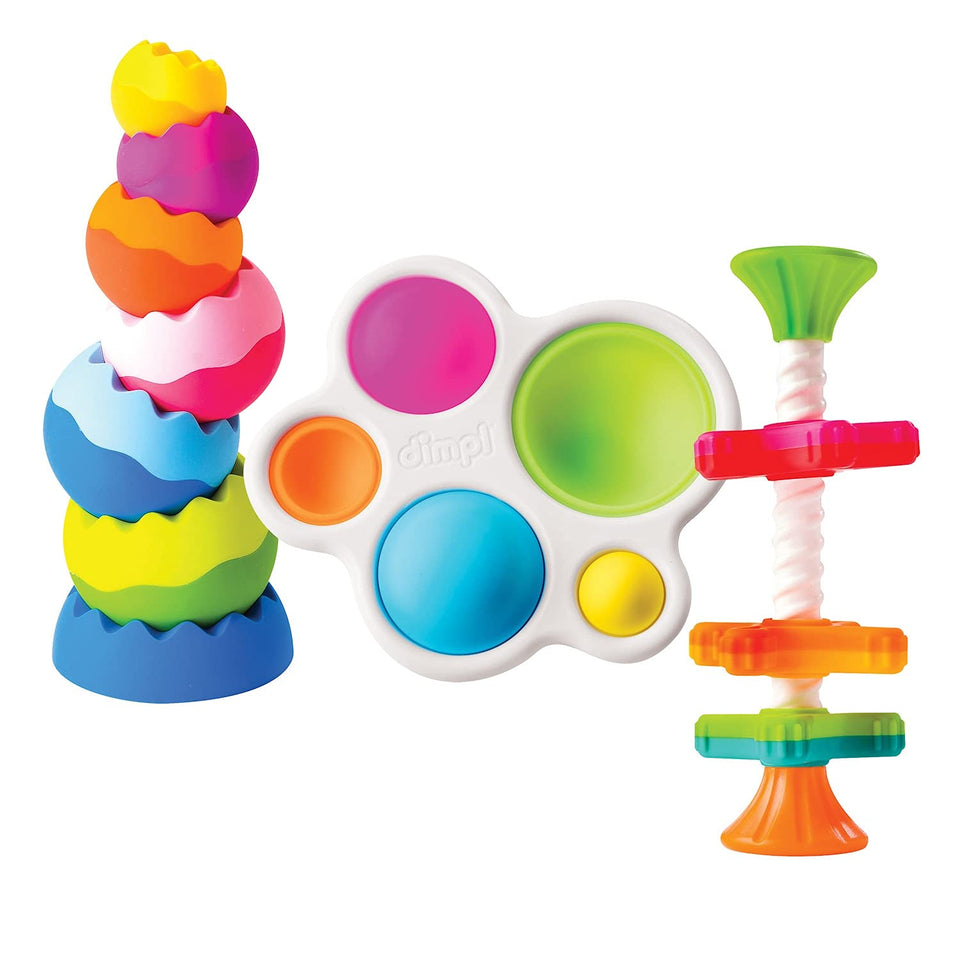 Fat Brain Toys Tobbles stack-balance toy promotes fine motor skills through gravity-defying stacking.