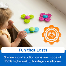 Whirly Squigz easy-grip surfaces promote hand coordination