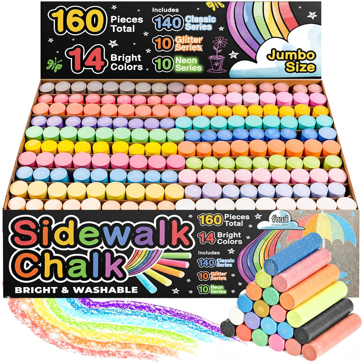 Fat Zebra Designs 160-piece sidewalk chalk set in 14 colors for outdoor murals.