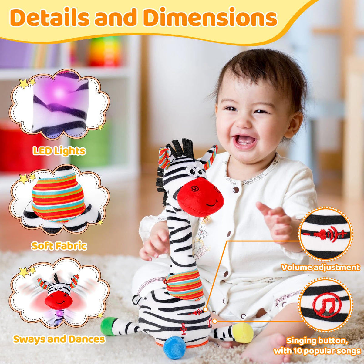 Light-up features on FATIRO zebra plush attract attention during play