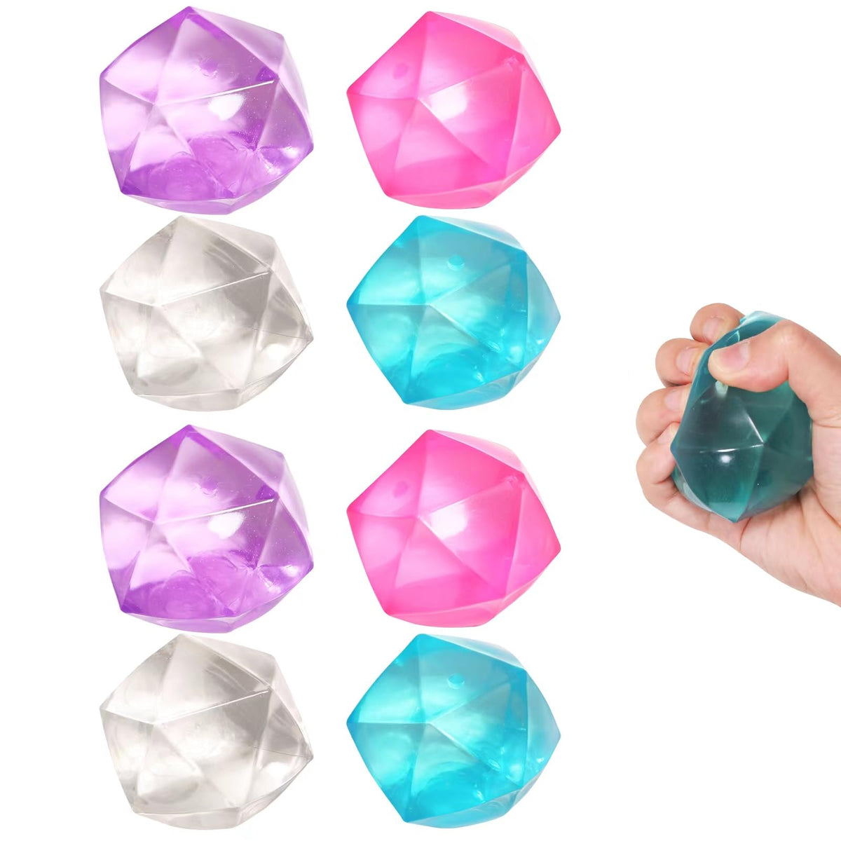 FauKait 8pcs mini stress balls showing the 1.8-inch size and goo-filled texture for versatile fidget play.
