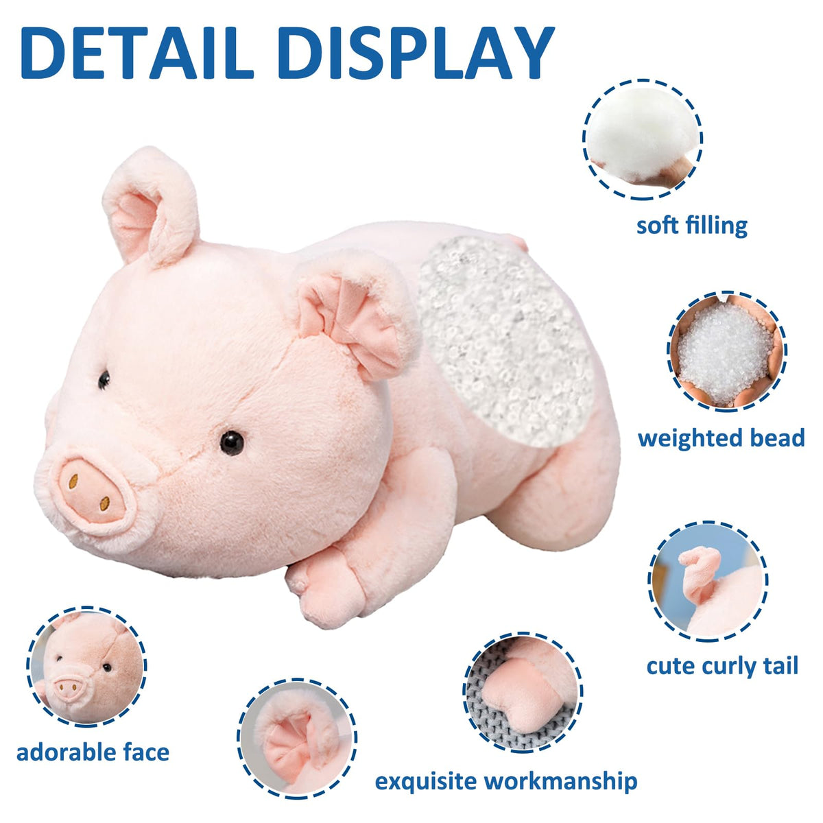 Fawowe pig weighted plush side view, comforting bedtime friend.