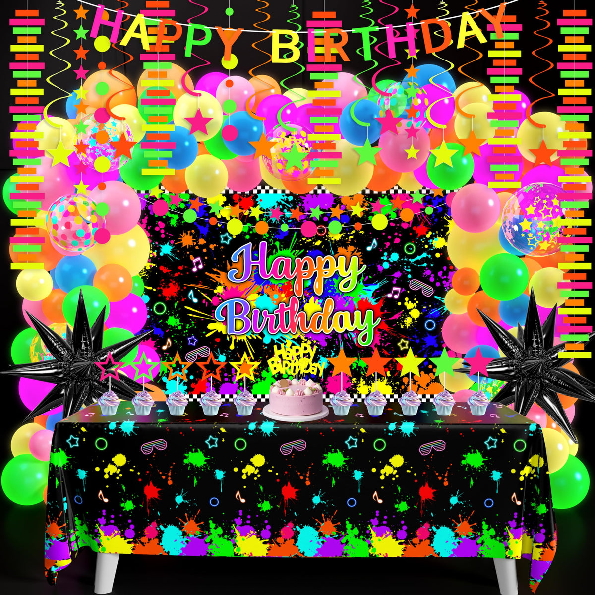 Fayoo neon birthday backdrop glowing under UV light for a vibrant party scene.