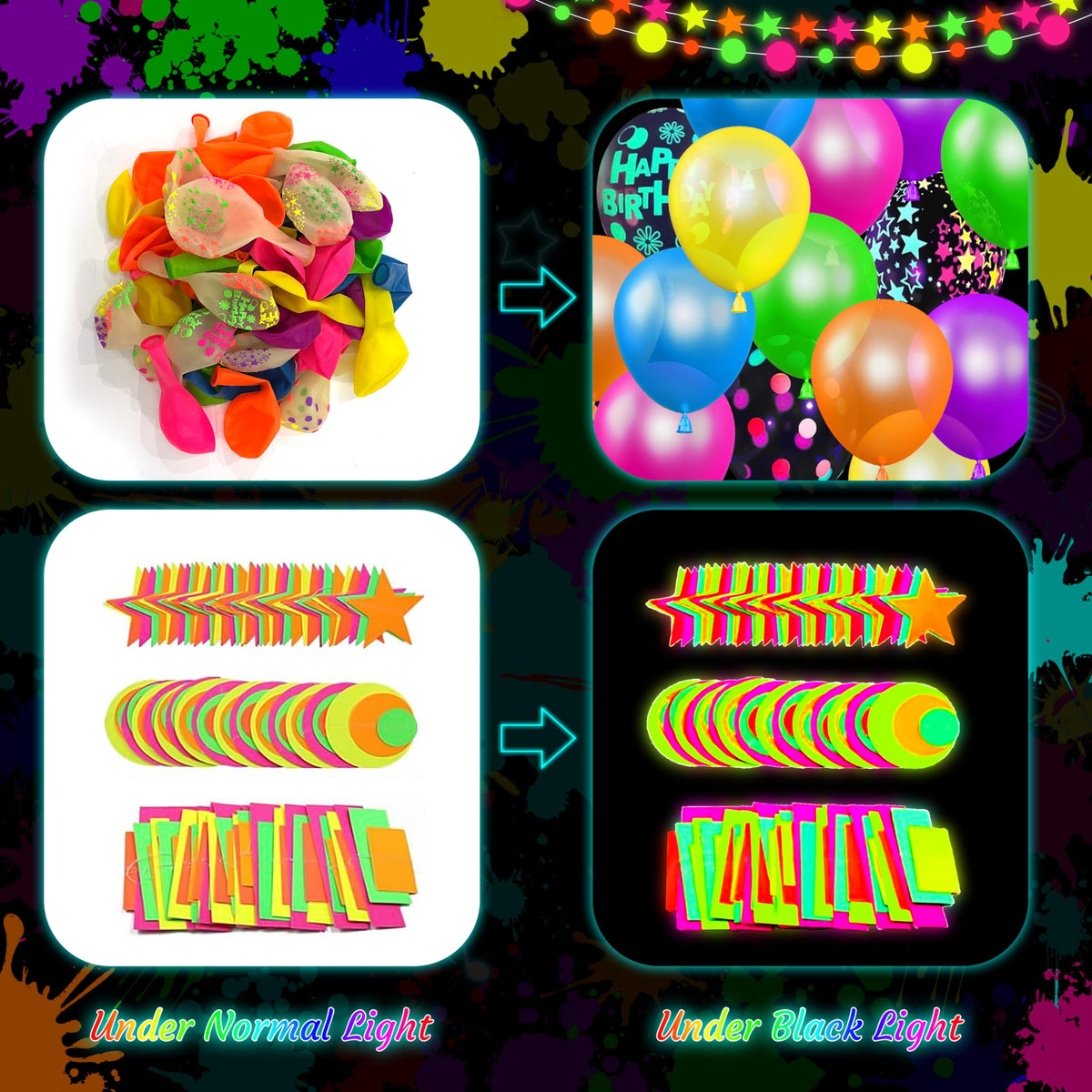 Fayoo neon stars hanging swirls add motion and color to the ceiling decor.