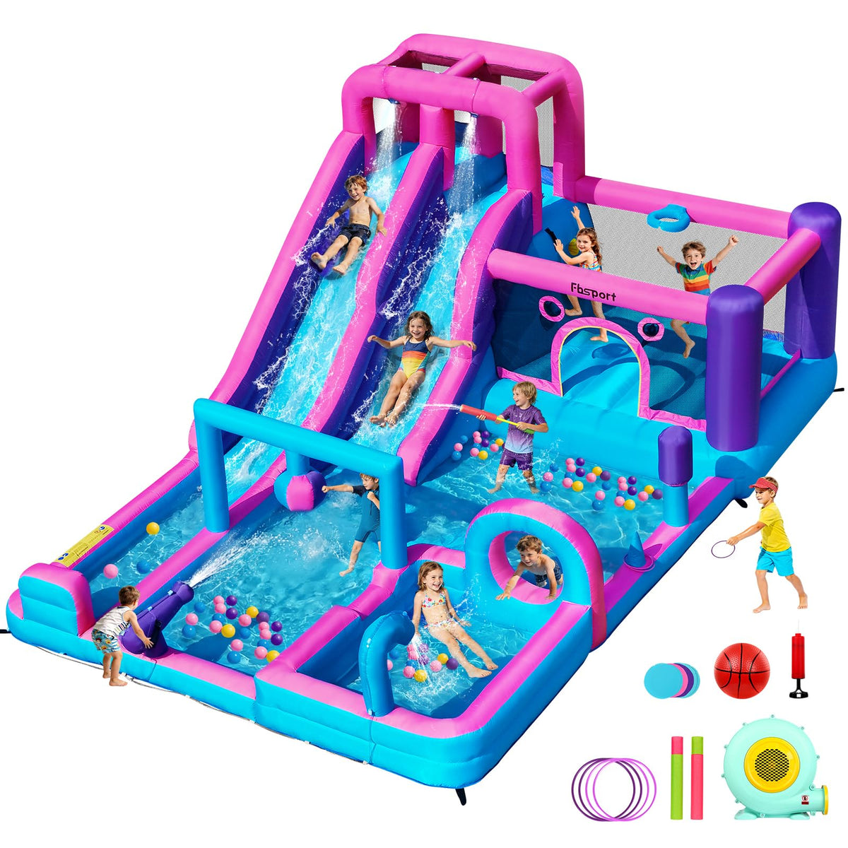 FBSPORT bounce house with double water slides for backyard party fun
