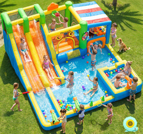 FBSPORT inflatable bounce house with double slides and splash pool for outdoor fun