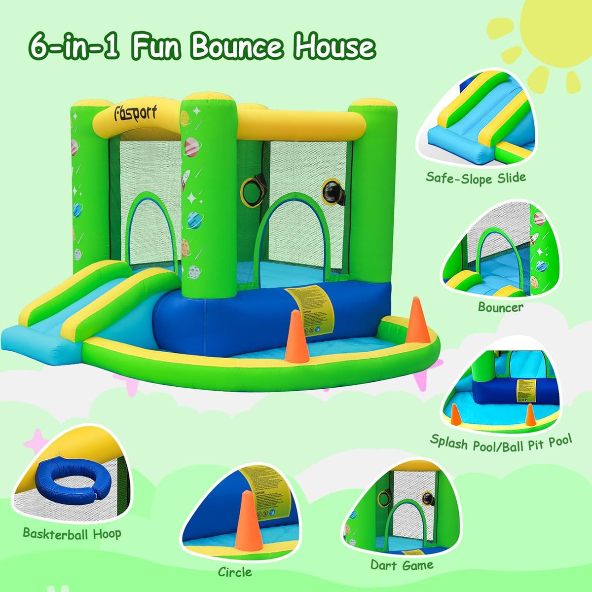 FBSPORT inflatable bounce house green ball pit area for interactive play and splash pool option