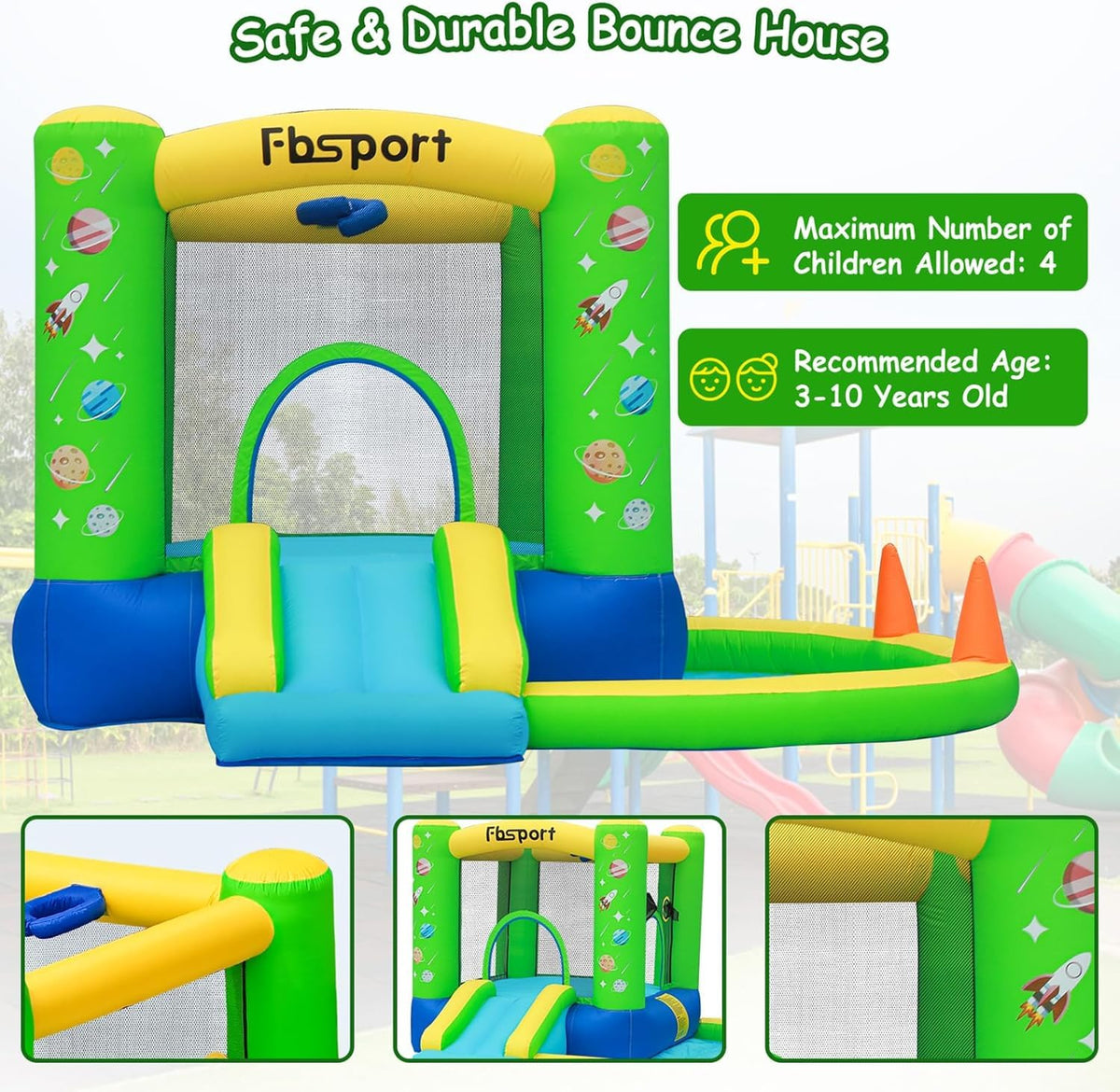 FBSPORT inflatable green basketball hoop supports playful shooting challenges during parties