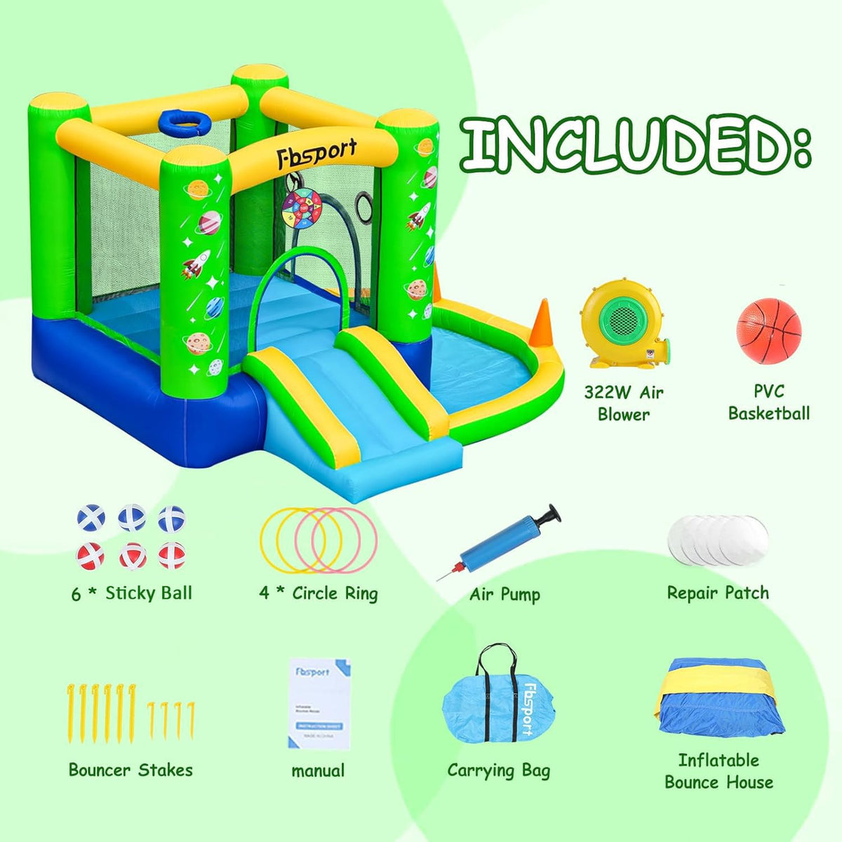 FBSPORT inflatable bounce house green blower setup demonstrates quick tool free installation