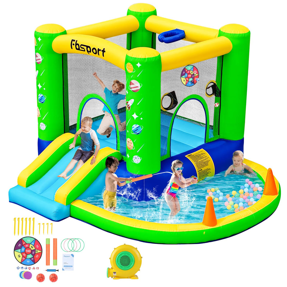 FBSPORT inflatable bounce house green front view for backyard fun and imaginative play