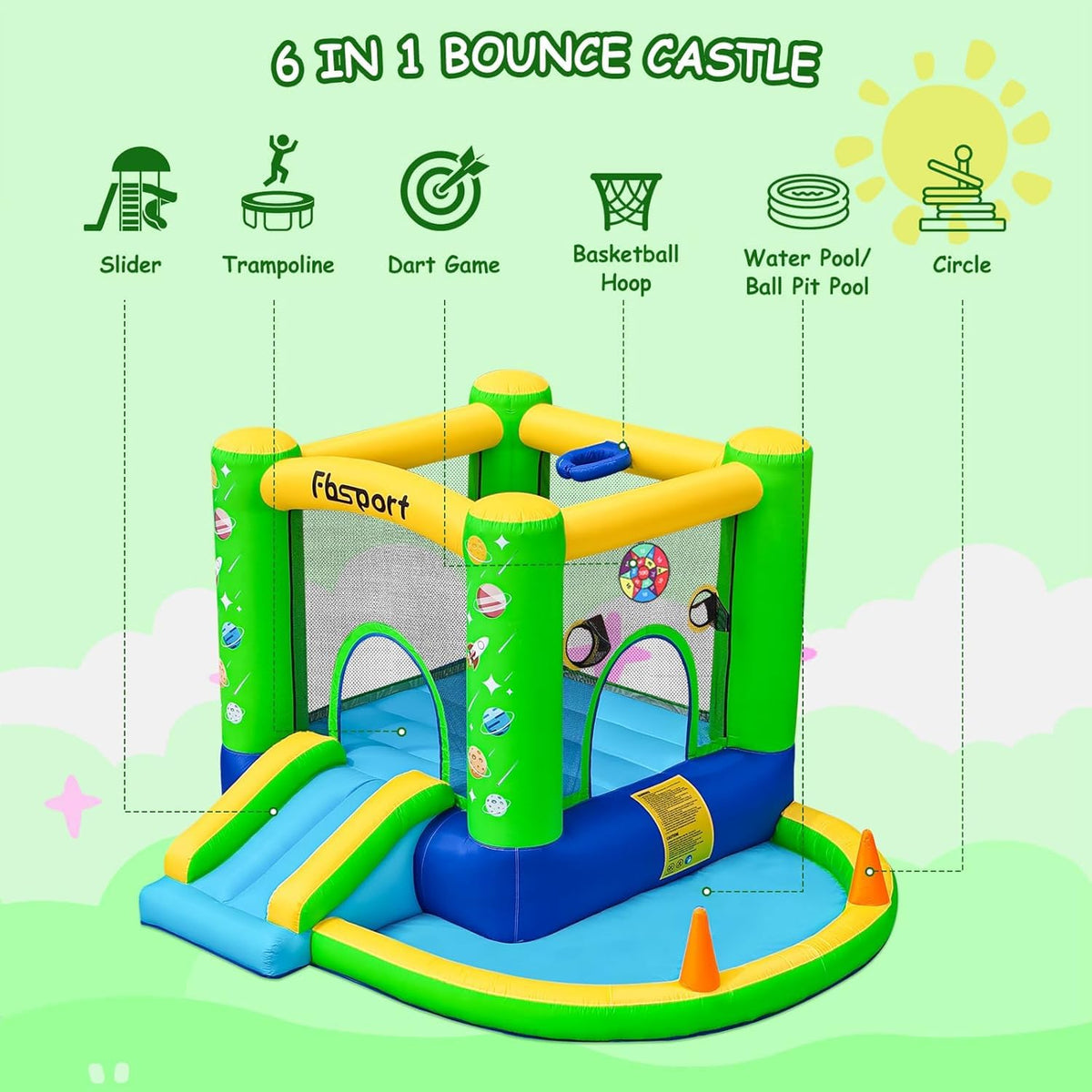 FBSPORT bounce house green side view highlighting vibrant colors for outdoor party battles