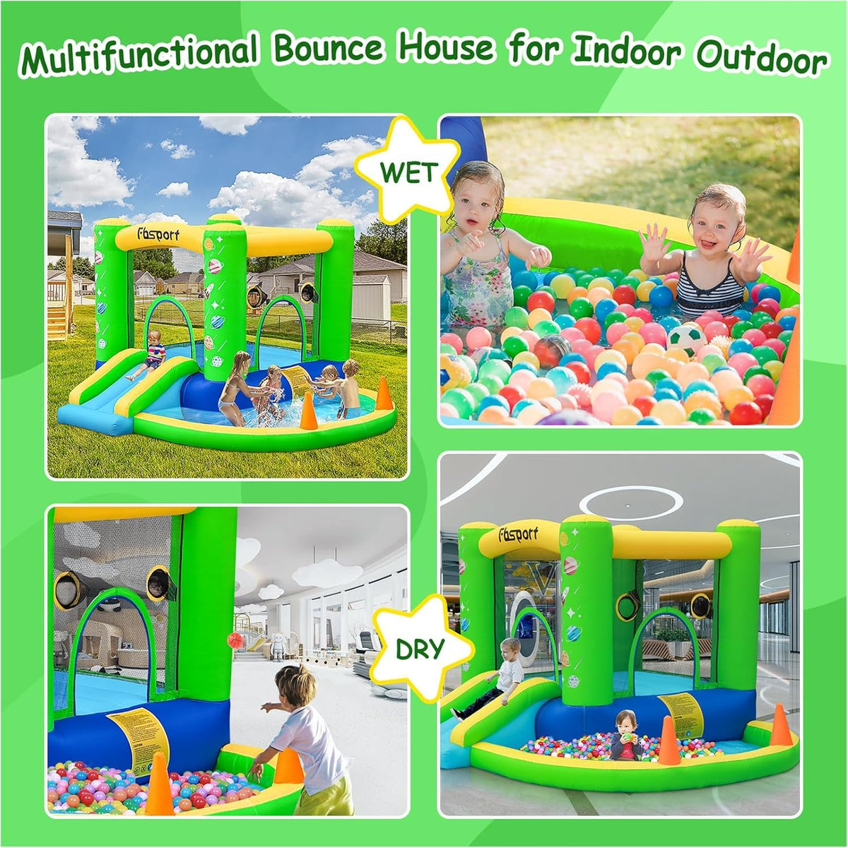 FBSPORT bounce house green slide entrance invites children to climb and slide safely