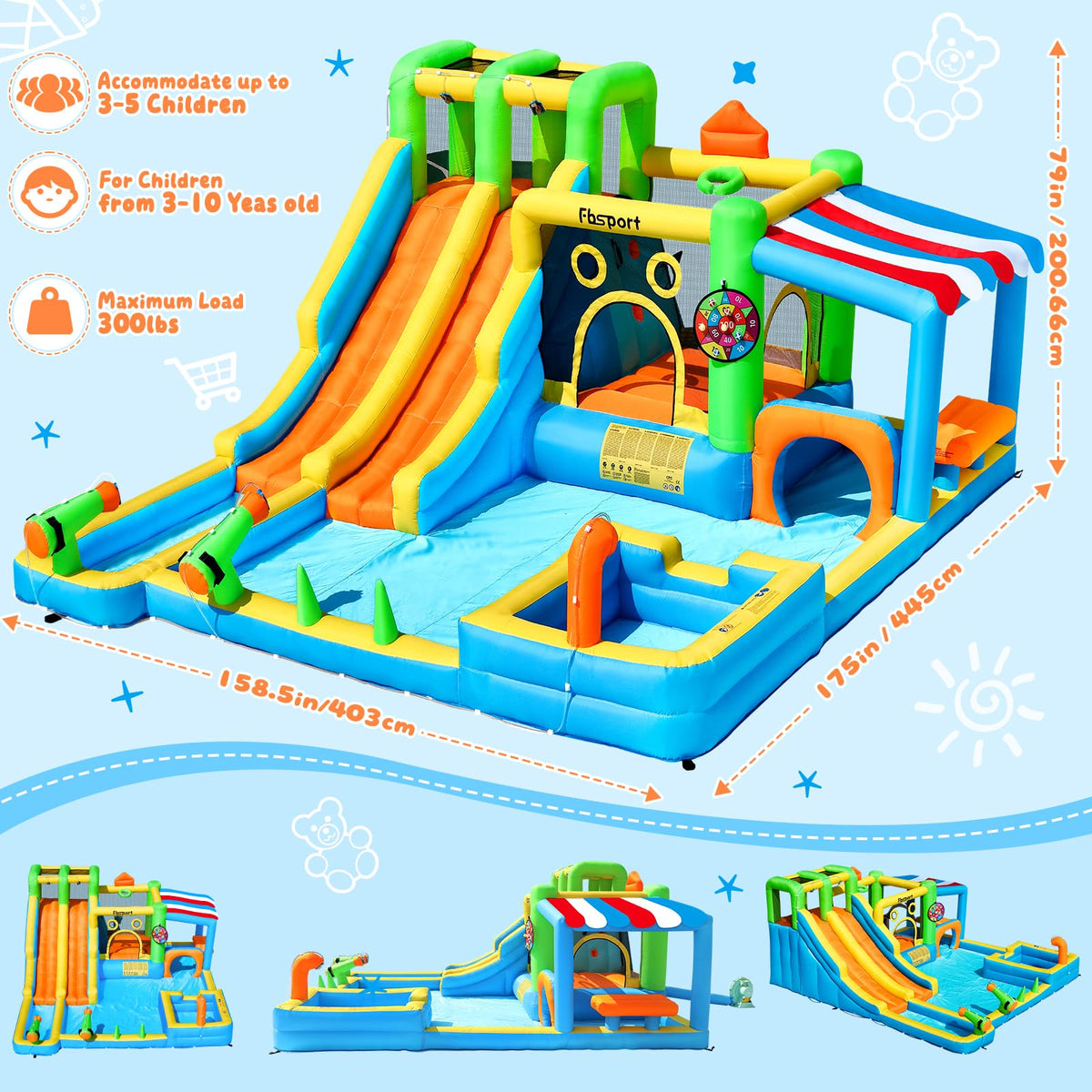 FBSPORT water slide with multiple activities for backyard family play
