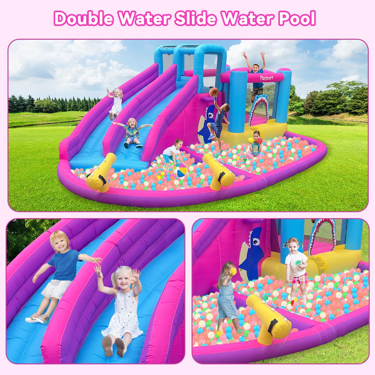 FBSPORT water slide park bounce house with water cannons for cooling battles