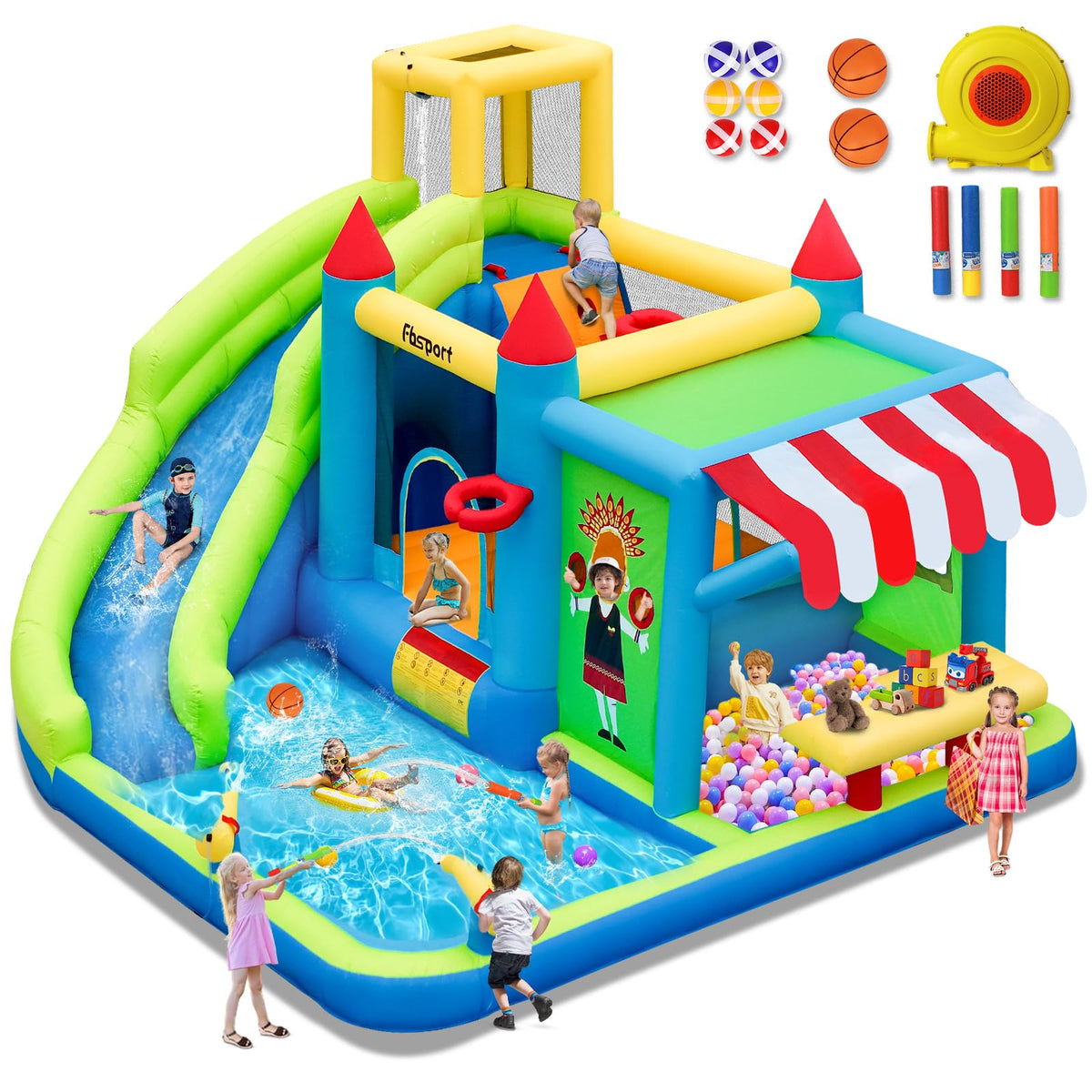 FBSPORT inflatable bounce house water slide highlighting kid-friendly outdoor fun