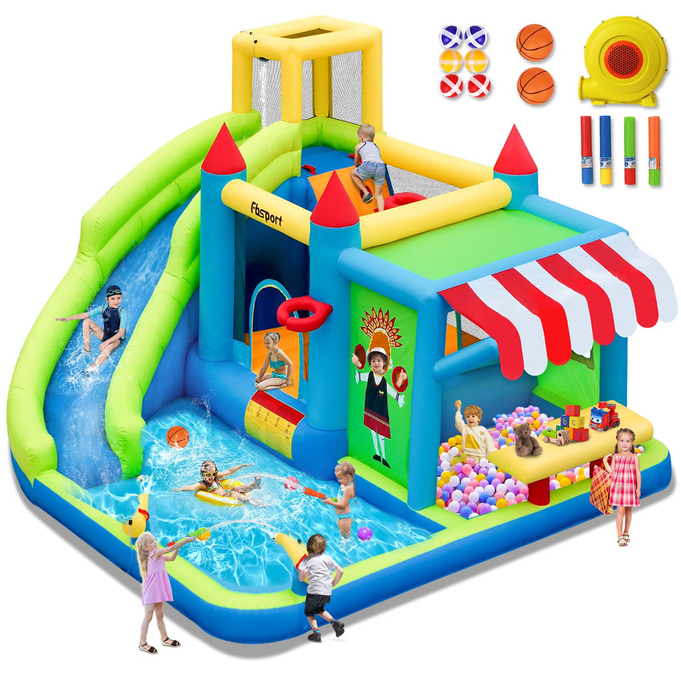 FBSPORT inflatable bounce house water slide highlighting kid-friendly outdoor fun