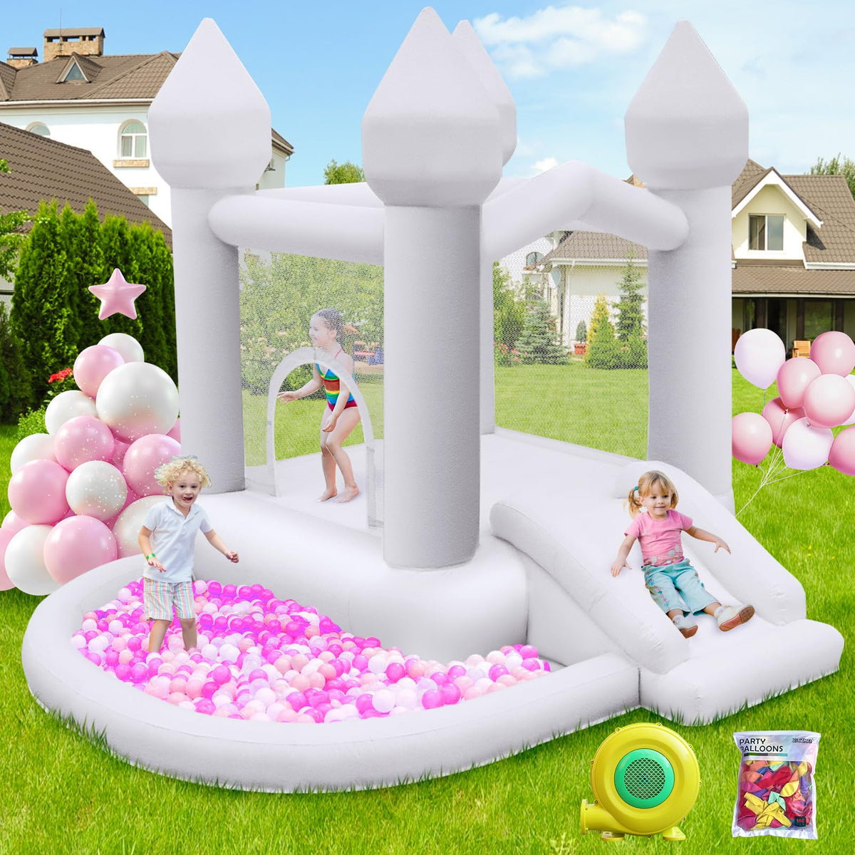FBSPORT white bounce house inflatable with safe play area for indoor and outdoor fun