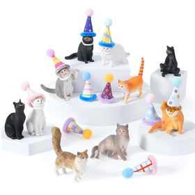 FCKLVMC mini cat figurine with birthday hat for charming cake toppers and party decor.