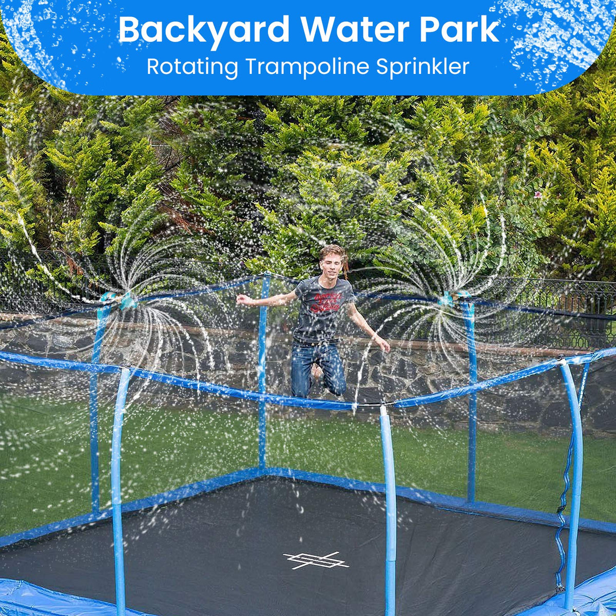 FCLLD Trampoline Sprinkler shows angled nozzle coverage for even cooling.