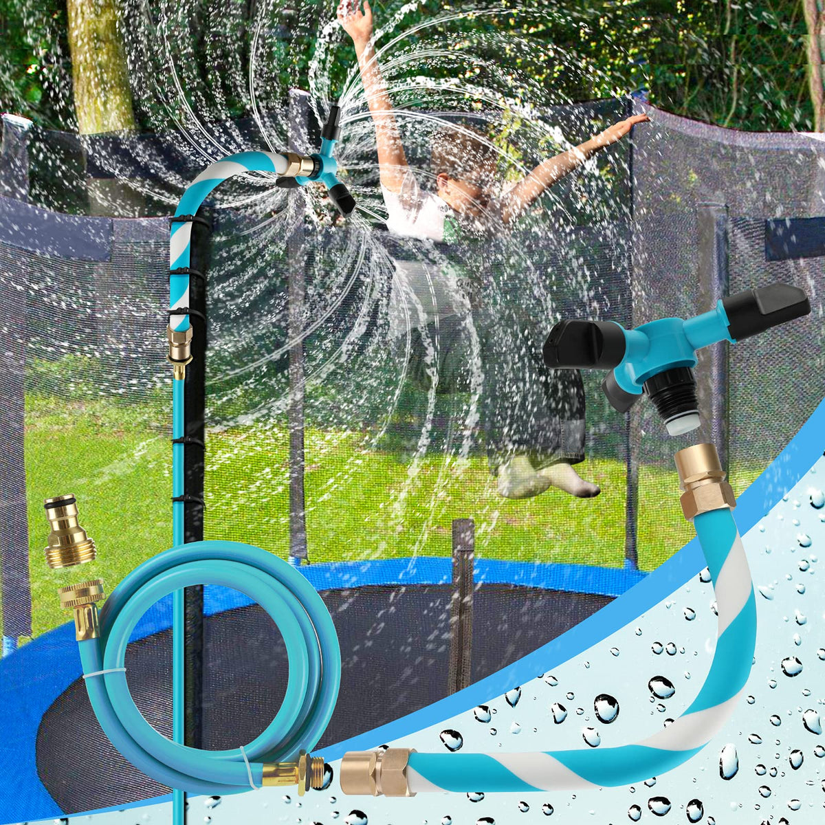 FCLLD Trampoline Sprinkler sprays kids waterpark fun across the yard.