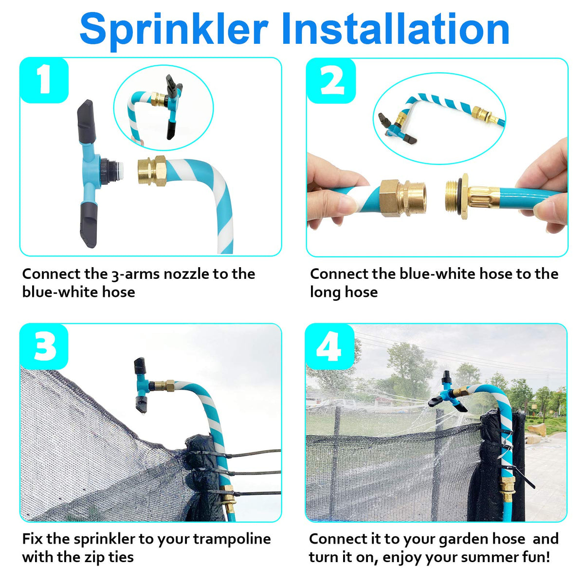 FCLLD Trampoline Sprinkler mounts easily to standard trampoline poles.