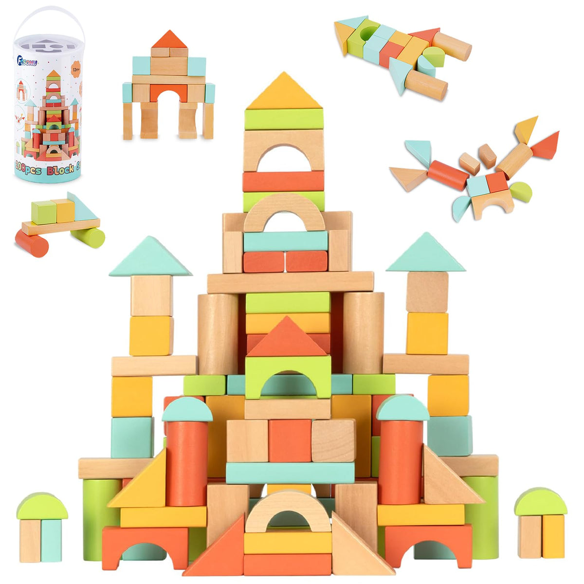 FCSONU wooden blocks 100 pcs for toddlers boost open-ended play and dexterity