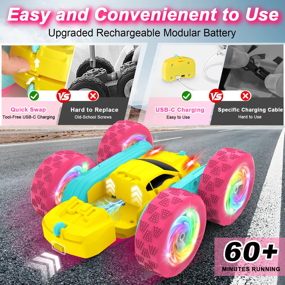 FDCTR RC car with RGB lights and glowing wheels for vibrant play.
