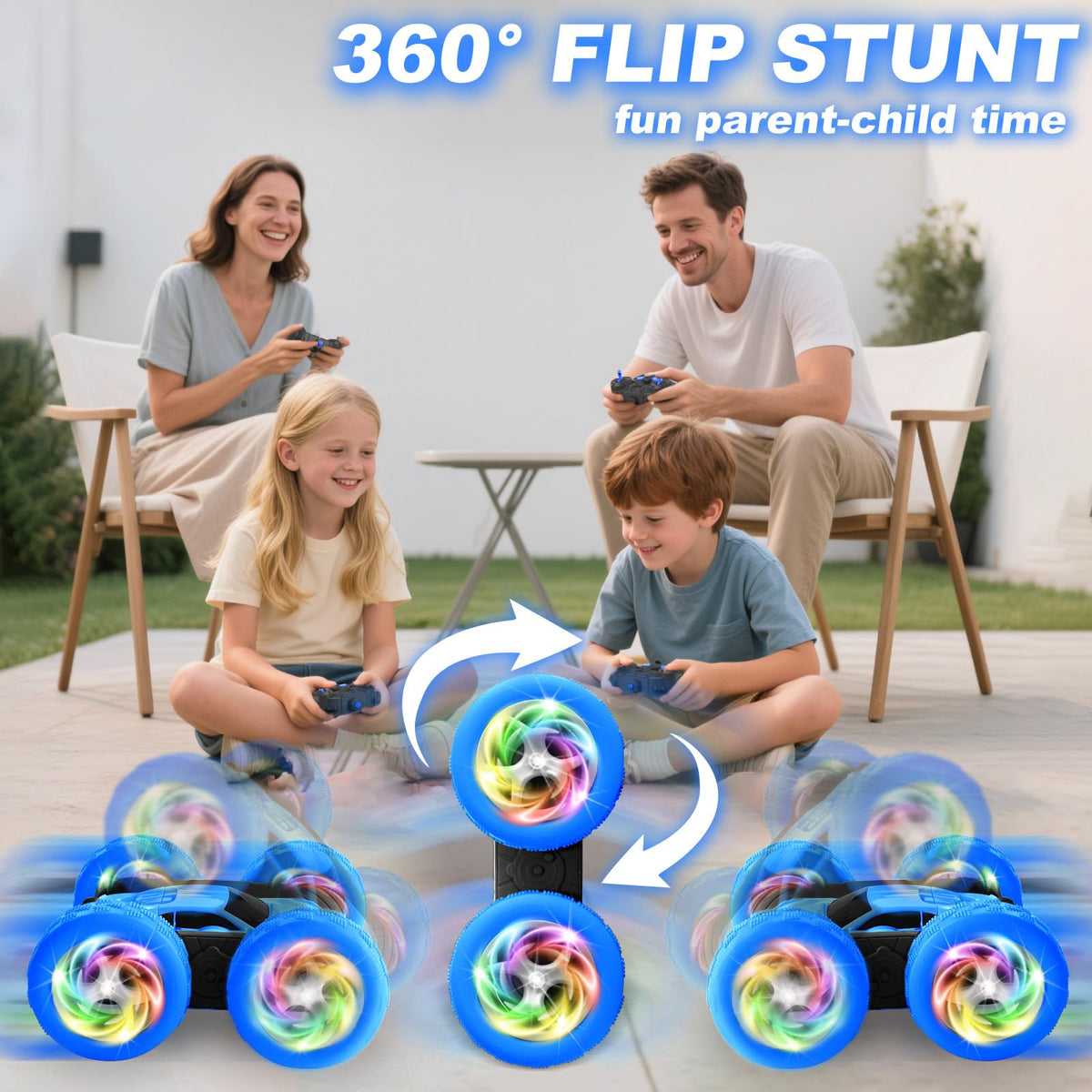 FDCTR remote control car blue all-terrain tires enable confident play outdoors.