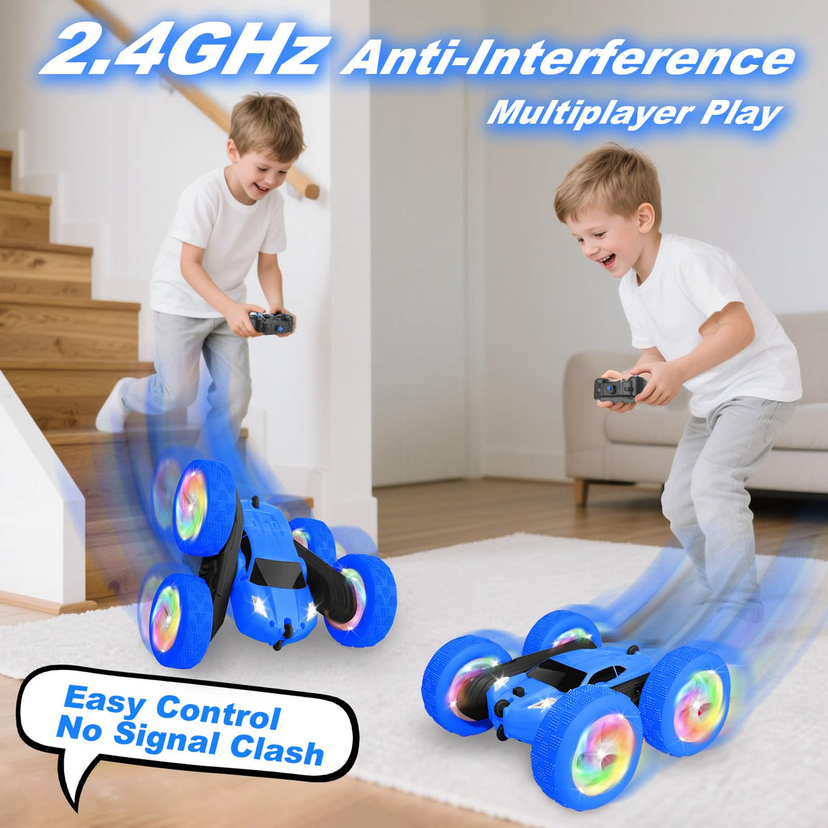 FDCTR remote control car blue LED flips captures dramatic night-time stunts.