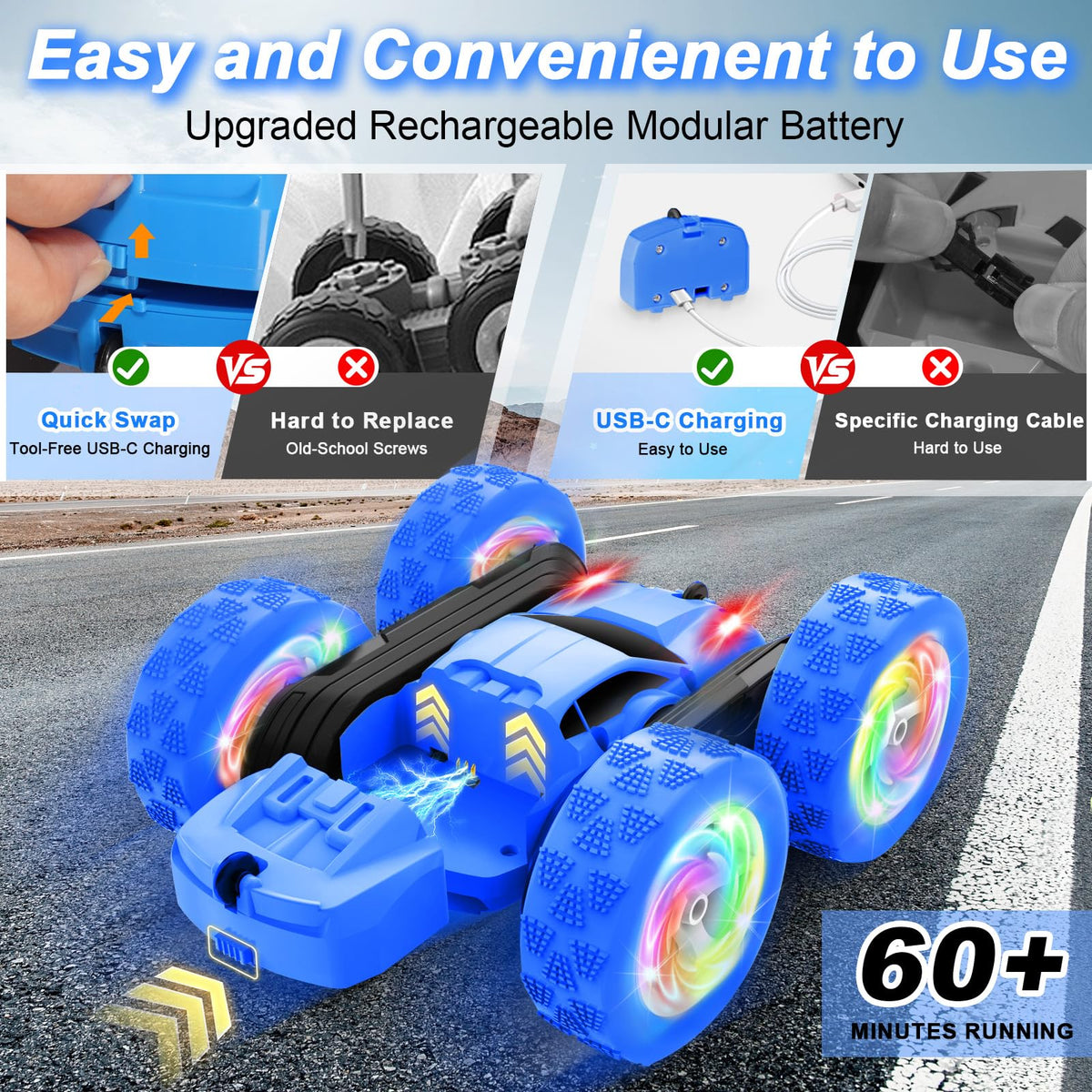 FDCTR remote control car blue side view highlights sturdy build for all-terrain fun.